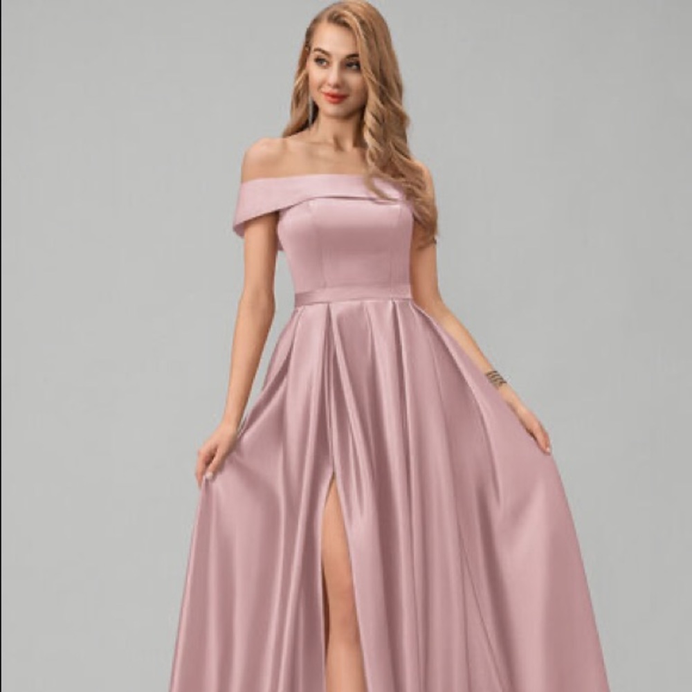 Satin Dusty Rose off the shoulder bridesmaid dress